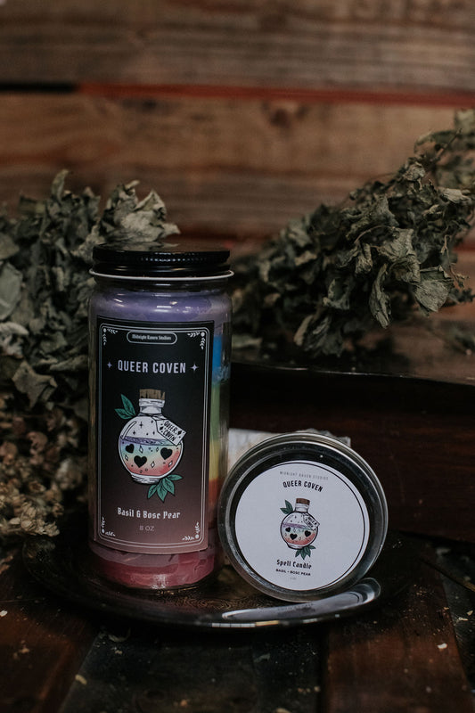 Queer Coven Manifestation Candle - Basil and Bosc Pear